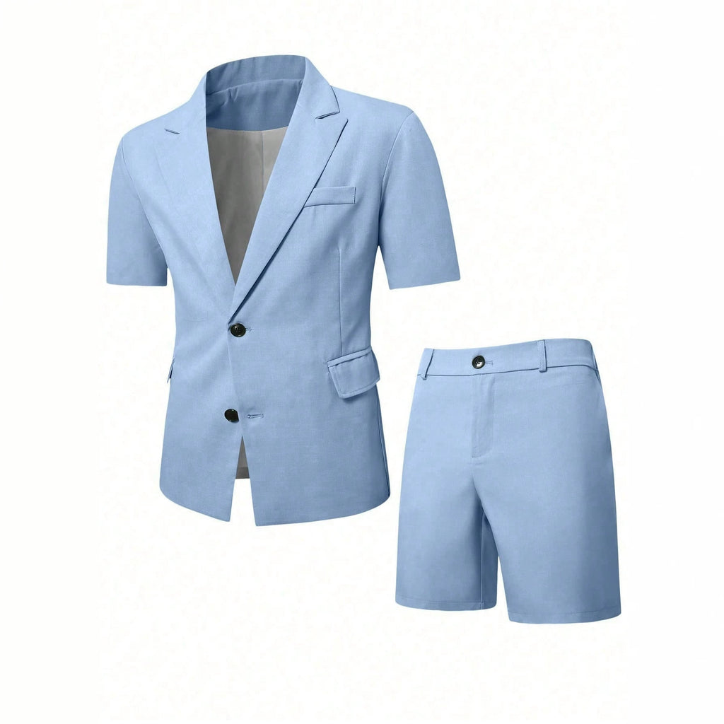 Mens Solid-Colored Gentleman Short-Sleeve Two-Piece Suit