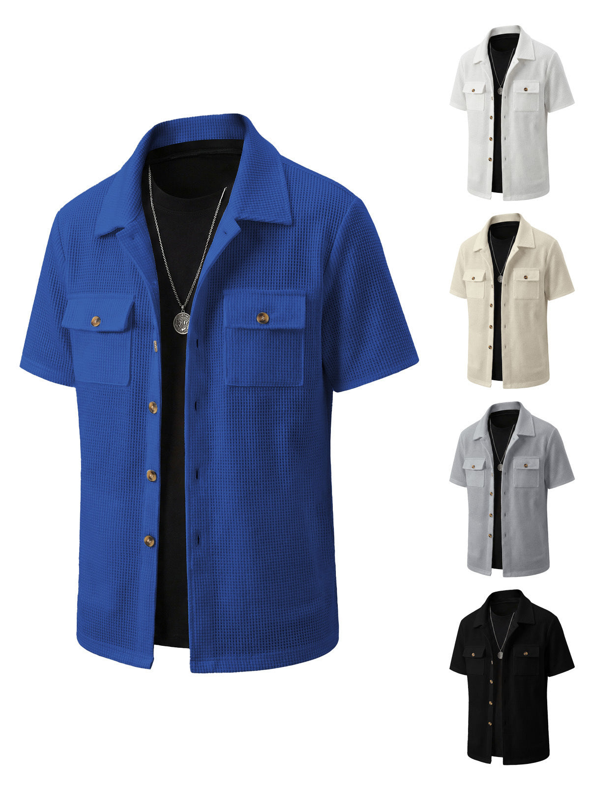 Waffle-Weave Mens Casual Short-Sleeve T-Shirt Jacket